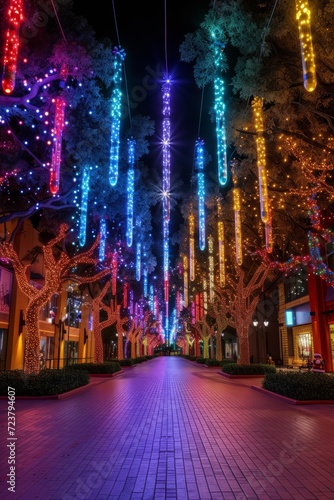 Glowing Christmas lights hanging over a brick walkway