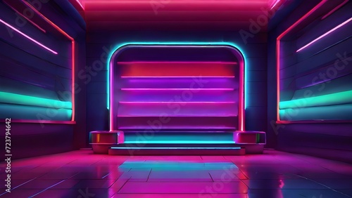 Abstract neon light into digital technology tunnel, futuristic door technology with purple and blue neon lights, neon lights background