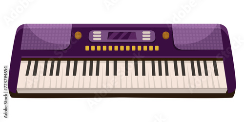 Musical instrument purple synthesizer piano with keys. Musical equipment instrument isolated on white background. Flat style design icon. Colorful vector illustration
