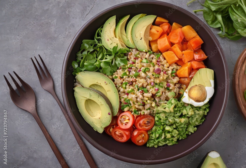 Healthy salad bowl with quinoa, tomatoes, chicken, avocado, lime and mixed greens, lettuce, parsley on wooden background top view. Food and health.