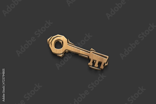 3D wooden logo of Key sign on dark grey background. © Fayazravat143