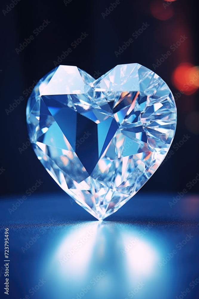 A heart shaped diamond resting on a smooth blue surface. Ideal for jewelry or luxury themed designs A heart shaped diamond resting on a smooth blue surface. Ideal for jewelry or luxury themed designs