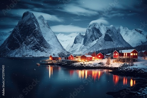 A picturesque snowy mountain range with a charming red house on the shore. Perfect for winter landscapes and cozy cabin themes © Fotograf