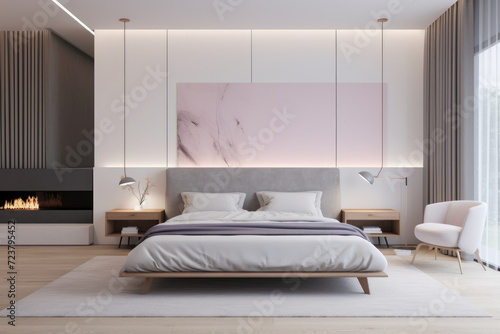 Lavender color minimal bedroom interior with bed and luxury decoration