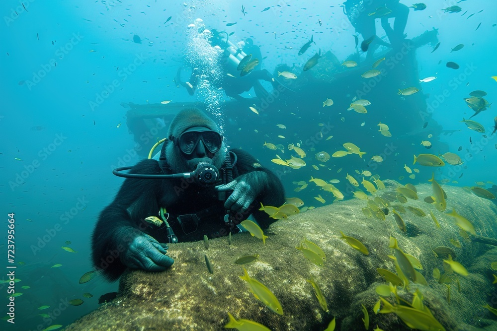 Scuba diver gorilla exploring a spanish galleon wreck full of gold coins doubloons