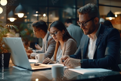 A group of individuals sitting at a table, each working on their own laptop. Suitable for business, teamwork, and technology concepts