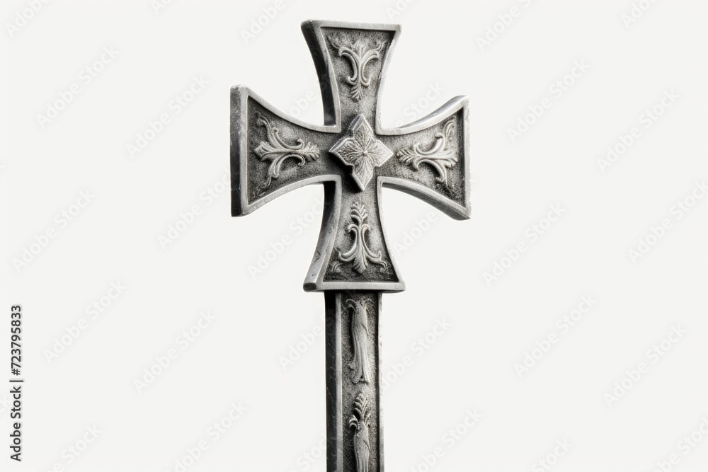 Metal cross on a plain white background. Suitable for religious or spiritual themes