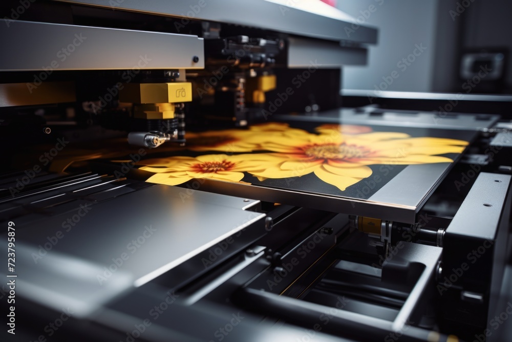 A machine printing yellow flowers on a sheet of paper. Ideal for craft projects and floral designs A machine printing yellow flowers on a sheet of paper. Ideal for craft projects and floral designs