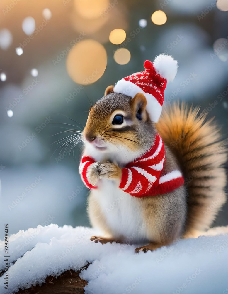 Cute Little Chipmunk dressed up as Santa Claus on snow background, falling snow, gold bokeh. Funny Winter Christmas Animals. Cute Little Chipmunk dressed up as Santa Claus on snow background, falling snow, gold bokeh. Funny Winter Christmas Animals.