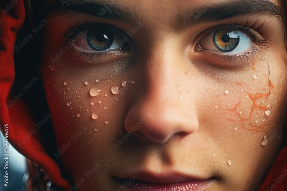 A close up view of a person wearing a red hoodie. This image can be used for various purposes A close up view of a person wearing a red hoodie. This image can be used for various purposes