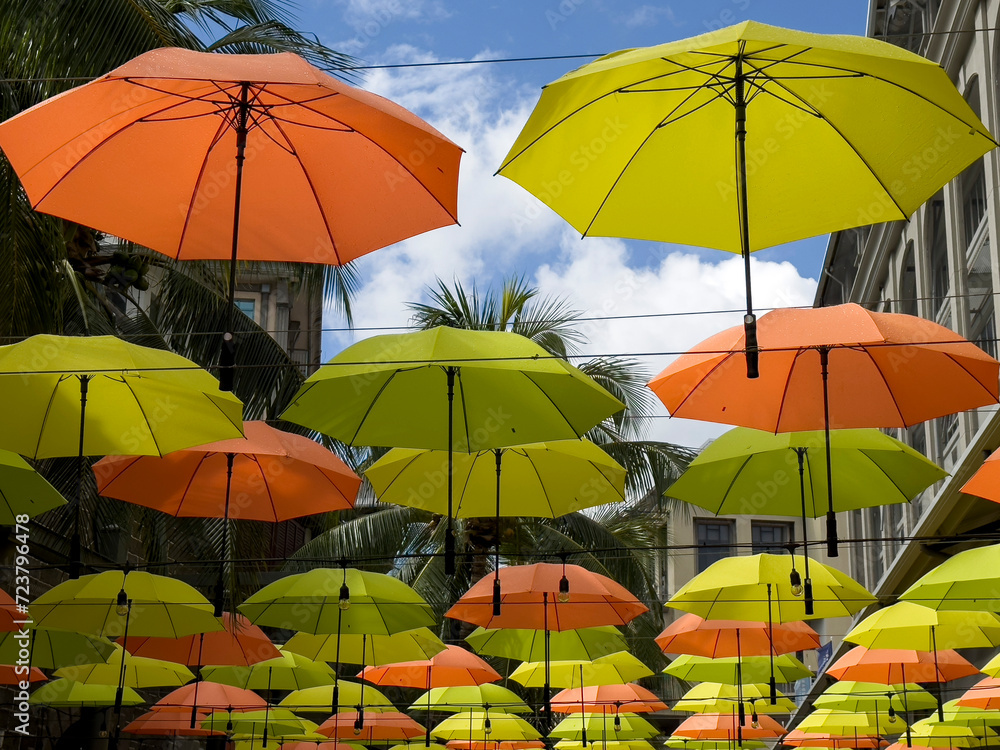 Coloured umbrellas at Caudan Waterfront in Port Louis