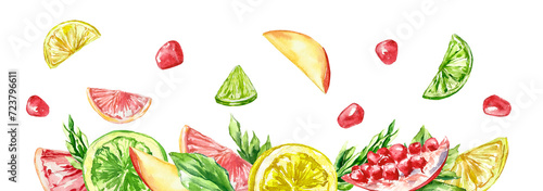 Fototapeta Naklejka Na Ścianę i Meble -  Citrus juicy banner fruits lemon lime grape yellow green pink healthy meal summer drinks watercolor