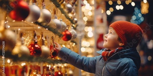 A little boy is seen gazing at the beautiful ornaments hanging on a Christmas tree. This image captures the wonder and excitement of the holiday season.