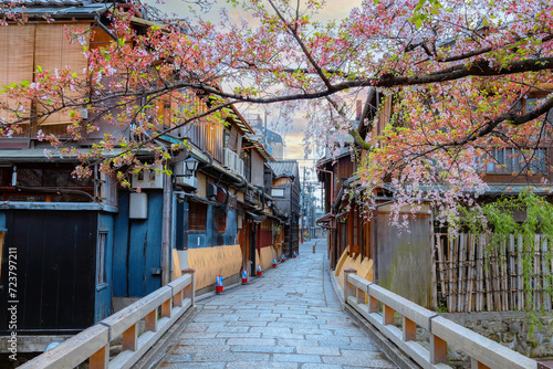 Tatsumi bashi bridge in Gion district with full bloom cherry blossom in Kyoto, Japan photo