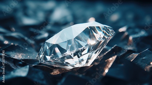 A detailed view of a diamond resting on top of a stack of rocks. This image can be used to depict precious gemstones  natural formations  or contrasts in textures and materials