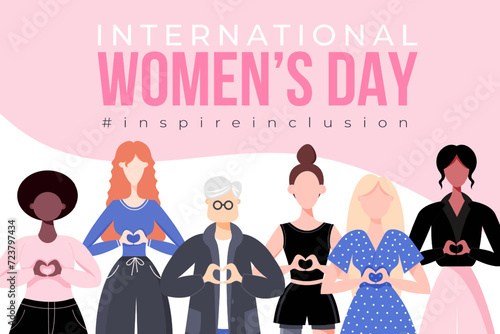 International Women's Day banner, backround, poster. Inspire inclusion 2024 campaign. Group of women of different ethnicity, age, body type, hair color vector illustration in flat style.	
