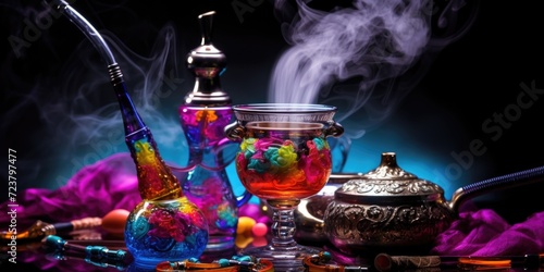 A picture of a table with a glass of tea and a hookah. Perfect for showcasing a cozy and relaxing atmosphere. Ideal for use in travel blogs, cafes, or lifestyle magazines