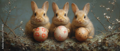 Three Rabbits Sitting Next to Each Other With Painted Eggs