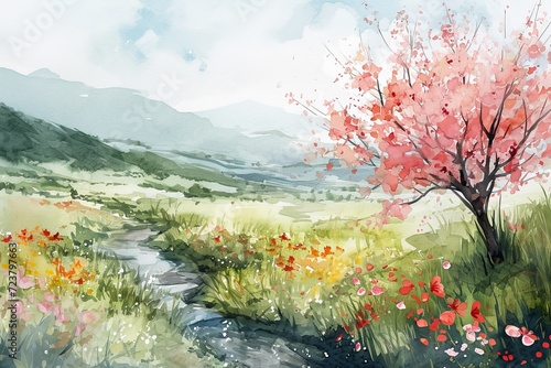 Scenic watercolor artwork featuring a pink-flowered tree by a stream in a valley