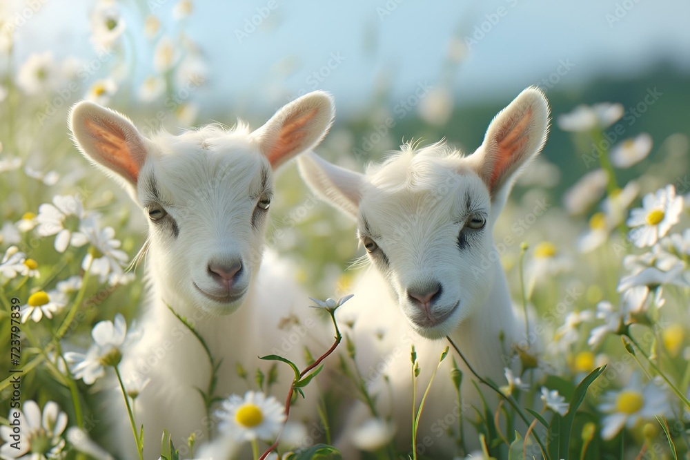 two goats are in the middle of a field of flowers two goats are in the middle of a field of flowers