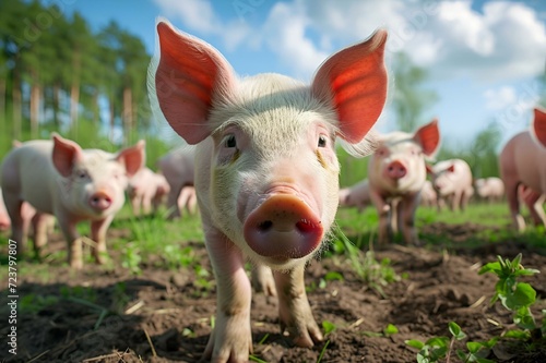 there are many pig standing in the grass looking straight at the camera © Wirestock