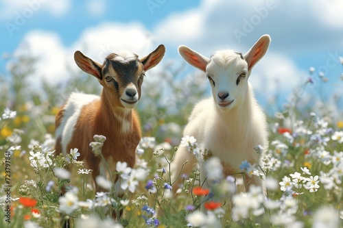 a couple of goats that are standing in a field of grass