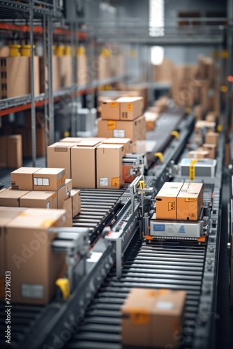 A conveyor belt in a warehouse with boxes. Ideal for showcasing warehouse logistics and supply chain management