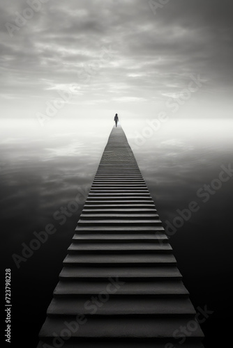 Surreal image of a person reaching for the clouds at the end of long stairs