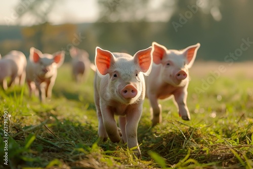 five pigs running towards the camera on green grass in the field