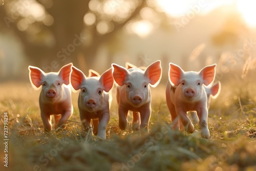three baby pigs with ears standing on grass near some trees