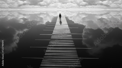 Surreal picture of person walking on wooden stairs above clouds