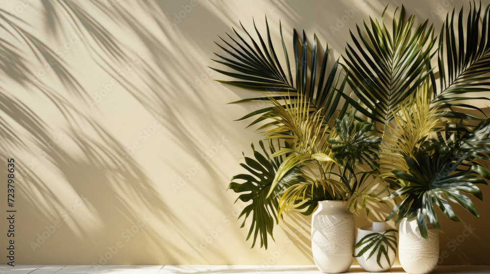 Tropical palm leaves in vases on table near wall with shadows Tropical palm leaves in vases on table near wall with shadows