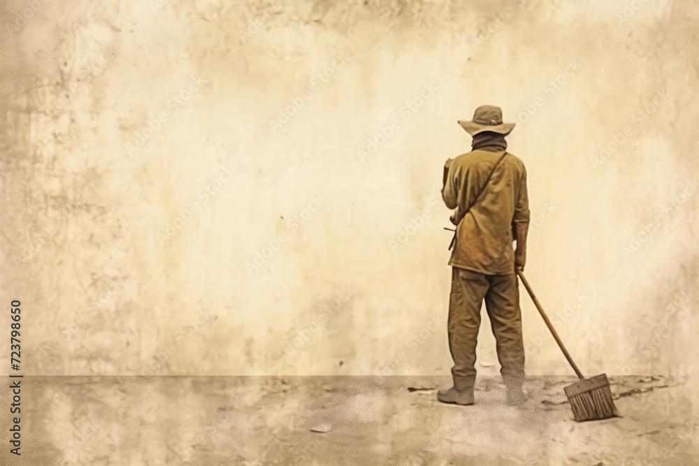 Backward man worker holding shovel in front of old wall