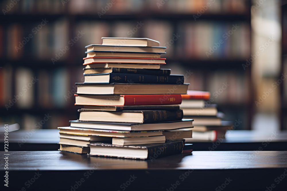Library background with stacked books on table, knowledge and reading themed. Generative ai Library background with stacked books on table, knowledge and reading themed. Generative ai