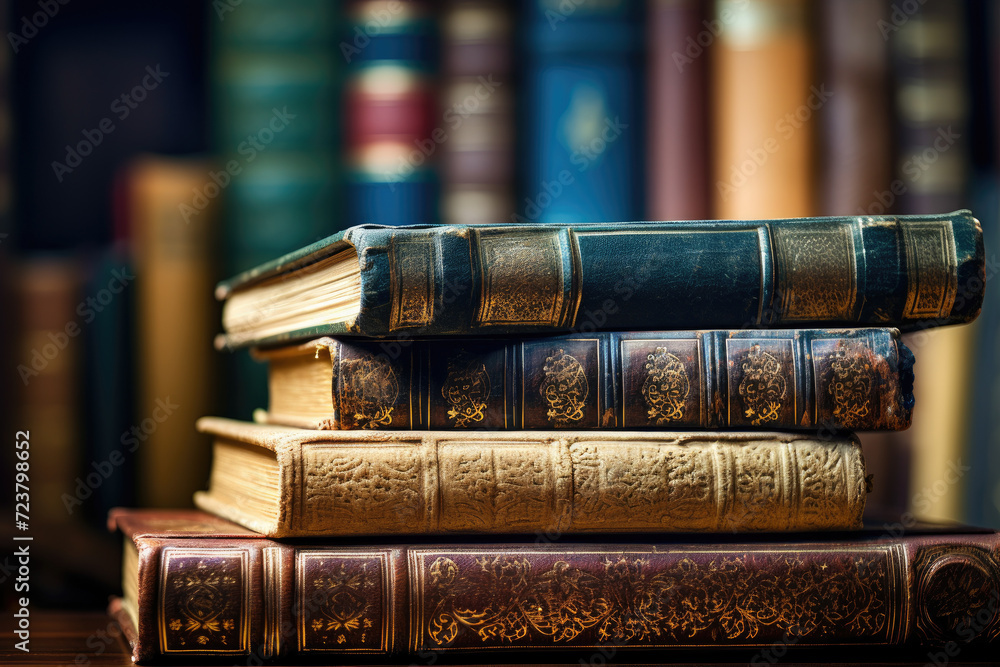 Library background old books stacked on table, knowledge and reading themed. Generative ai Library background old books stacked on table, knowledge and reading themed. Generative ai