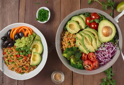 Healthy salad bowl with quinoa, tomatoes, chicken, avocado, lime and mixed greens, lettuce, parsley on wooden background top view. Food and health.