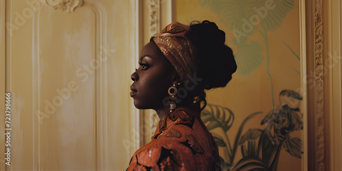 a photograph of a real black woman, in a stylish Italian house, wearing red and orange