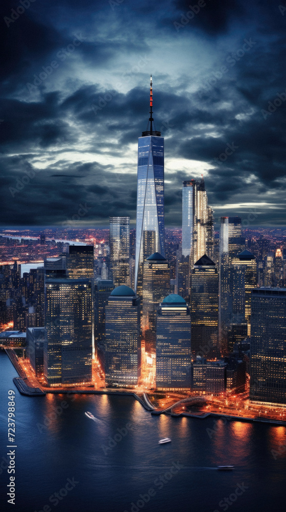 Fototapeta premium New York City skyline at night with skyscrapers over Hudson River .