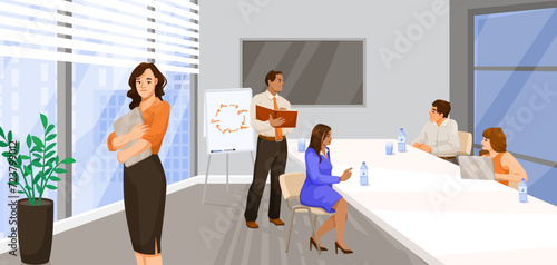 Staff meeting at long desk on presentation in office room. Manager stands near financial diagram. Team work on conference. Business training, discussion, brainstorming in cabinet. Vector illustration
