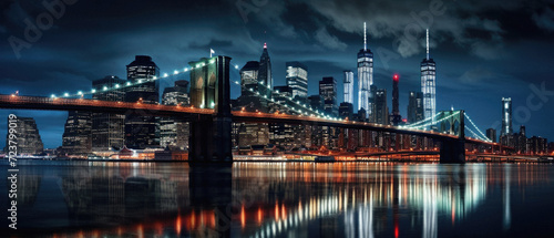 Panorama of Brooklyn Bridge and Manhattan skyline at night  New York City