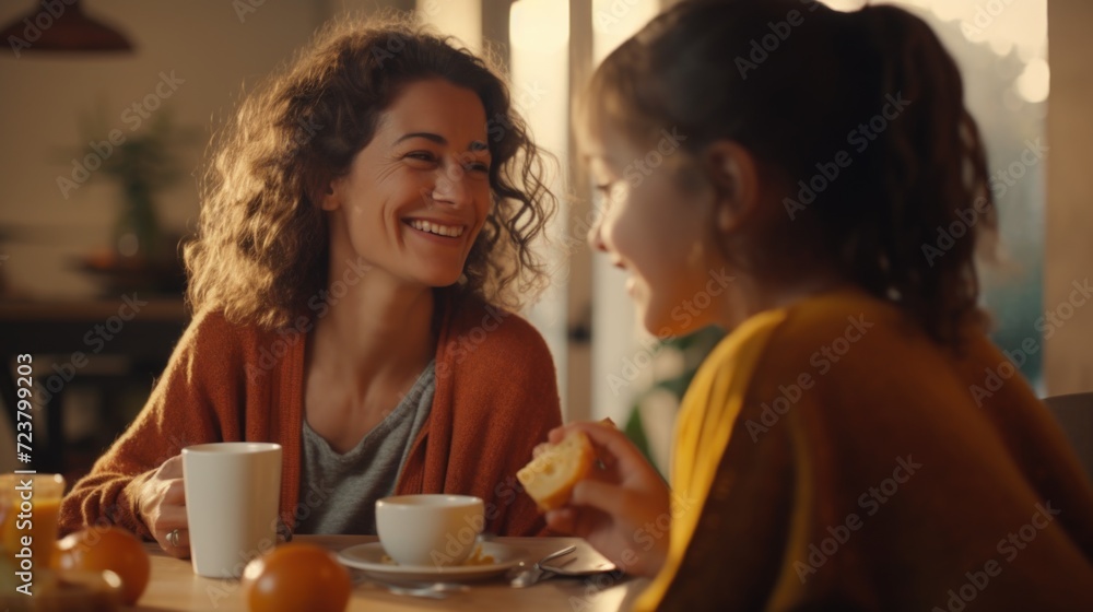 Two women sitting at a table, enjoying coffee and oranges. Perfect for lifestyle or food-related projects Two women sitting at a table, enjoying coffee and oranges. Perfect for lifestyle or food-related projects