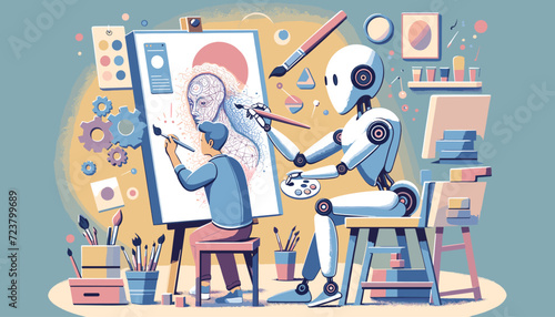 Artificial intelligence works with artists to create works of art concept Image.  Vector Illustration.