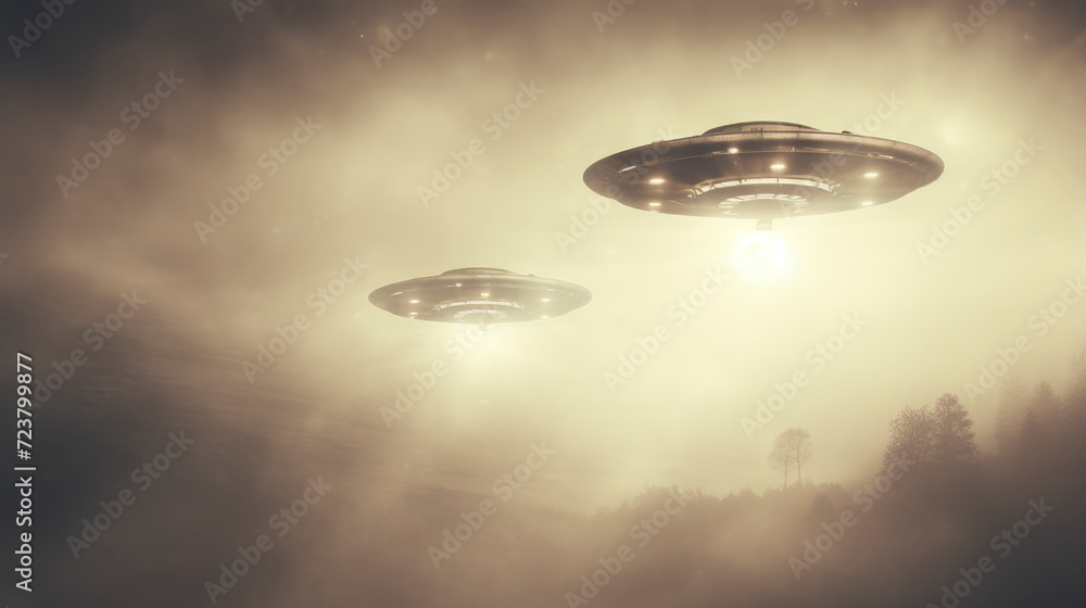 Low angle far shot of illuminated flying spaceship on another planet. Generative ai Low angle far shot of illuminated flying spaceship on another planet. Generative ai