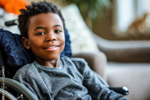 Cute boy in the wheelchair at home