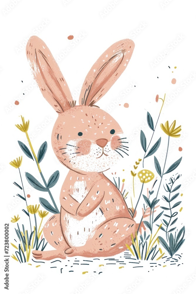 Fluffy bunny carrying a basket of colorful blooms. Fluffy bunny carrying a basket of colorful blooms.