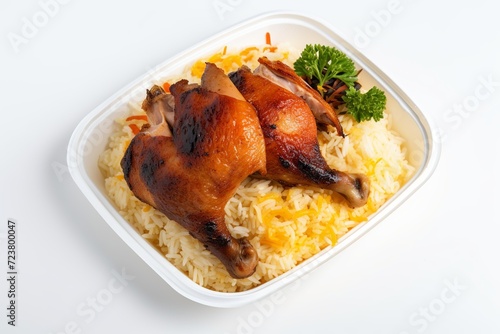 big grilled chicken leg, biryani rice, served in white box
