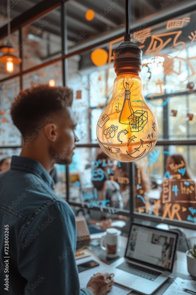 Light bulb with drawings of a house, gears, and a light bulb hanging from the ceiling of an office space with a man standing in front of it