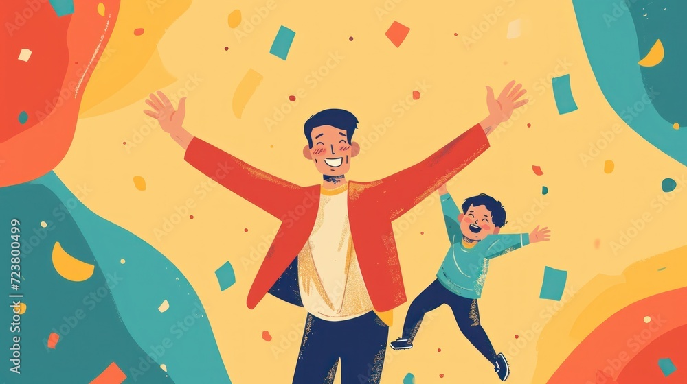 A joyous illustration of a father and kid sharing smiles and laughter on Father's Day. A joyous illustration of a father and kid sharing smiles and laughter on Father's Day.