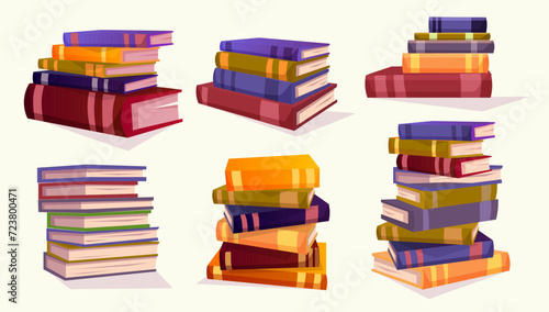 Set of stack library books front, side view. School literary collection education books. University literature bookstore. Bookshelf of encyclopedia isolated on white background. Vector illustration