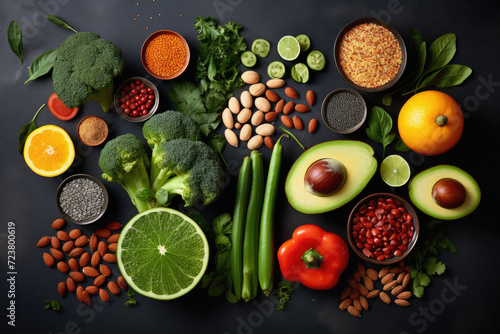 Healthy food clean eating selection: fruit, vegetable, legumes, superfoods on dark background .